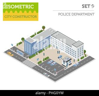 Appartamento 3D isometrica del dipartimento di polizia e mappa della città costruttore elementi come edificio, funzionario di polizia, auto, parcheggio isolato su bianco. Costruisci il tuo Illustrazione Vettoriale