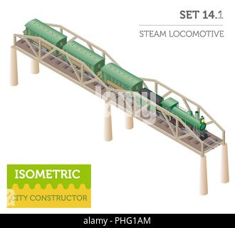 3D isometrica retrò ferroviari con locomotiva a vapore e carrozze. Mappa della città di elementi del costruttore. Costruisci la tua collezione infografico. Vector illustrat Illustrazione Vettoriale