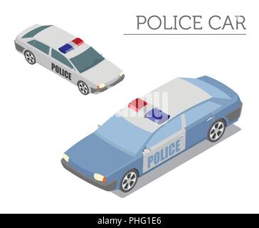 Isometrica, 3d auto della polizia isolato su bianco. Costruisci la tua collezione infografico. Set di trasporto. Mappa della città raccolta. Illustrazione Vettoriale Illustrazione Vettoriale