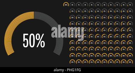 Set di settore circolare percentuale diagrammi da 0 a 100 per il web design, l'interfaccia utente (UI) o una infografica - indicatore di giallo Illustrazione Vettoriale