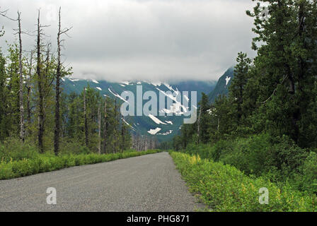 La strada forestale che conduce al Figlio del ghiacciaio vicino a Cordova, Alaska. Esso termina nel deserto remoto in Alaska. Foto Stock