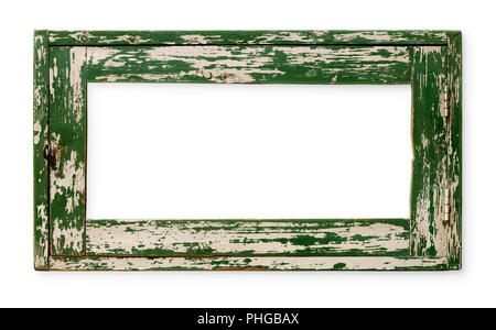 Molto vecchio vuoto il telaio in legno, verniciato di verde, isolato su bianco Foto Stock