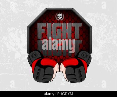 Guanti MMA mani ottagono stadio poster a gabbia. Mixed Martial Arts fight night banner. Emblema di combattimento elemento di logo. Decorazione di inscatolamento illustrazione Illustrazione Vettoriale