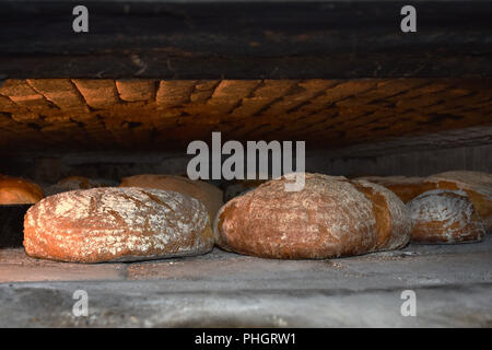 Pane; pagnotte di pane; pane contadino; woodstove; forno di cottura; Foto Stock