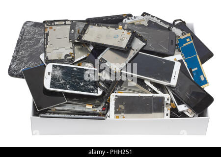 Rotture di telefoni e tablet in bianco scatola di cartone Foto Stock