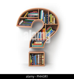 Punto interrogativo come scaffale con libri. Ricerca e istruzione concetto. 3d illustrazione Foto Stock