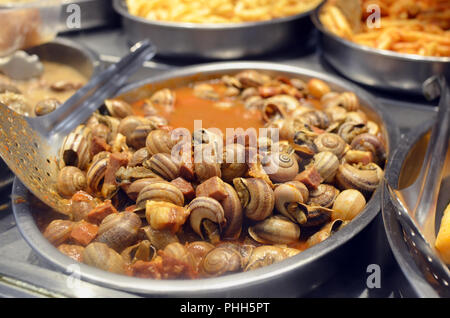 Lumache commestibili stufati in salsa di vino con verdure e pancetta Foto Stock