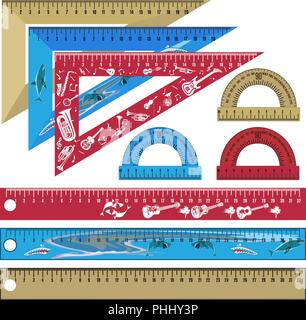 Set di vettore di scuola righelli e protractors in stile piatto Illustrazione Vettoriale