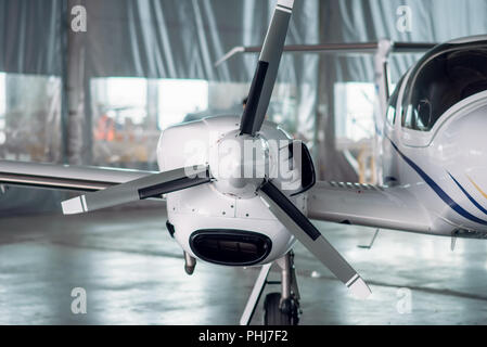 Propulsore leggero aereo in hangar aereo su ispezione prima del volo. Compagnia aerea privata, il trasporto di aria Foto Stock