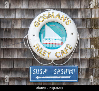 Segno per Gosman Ingresso del Cafe a Montauk, NY Foto Stock