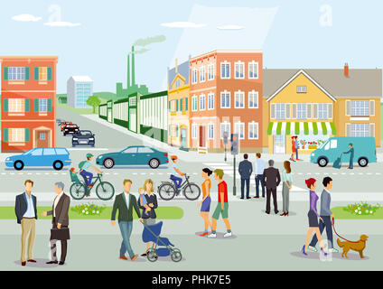 Città con il traffico stradale, ciclisti e pedoni, illustrazione Foto Stock