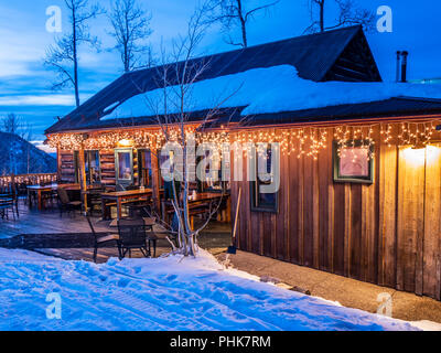 Lynn Britt cabina al crepuscolo, Snowmass Ski Resort, Snowmass Village, Colorado. Foto Stock