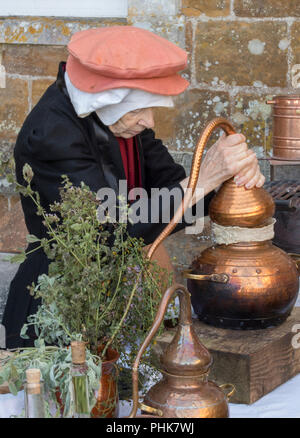 Una Donna vestita in periodo Tudor tradizionale abbigliamento abbigliamento o rimedi di miscelazione come un alchimista o erboristeria usando ingredienti naturali per la cura di mali. Foto Stock