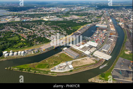 Luftbild, Rheinhafen Neuenkamp, Binnenhafen mit Einfahrt zum Innenhafen, Porta RHENUS Logistics Rhein-Ruhr GmbH,DCP Dettmer contenitore imballaggio GmbH & Co Foto Stock