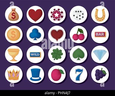 La icona di casinò impostato su cerchi bianchi e sfondo viola, design colorato. illustrazione vettoriale Illustrazione Vettoriale