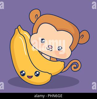 Carino e Scimmia banane kawaii su sfondo viola, design colorato. illustrazione vettoriale Illustrazione Vettoriale
