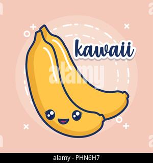 Kawaii banane icona su sfondo rosa, design colorato. illustrazione vettoriale Illustrazione Vettoriale