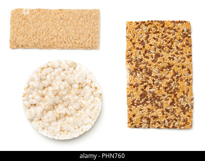 Set di pani croccanti isolati su sfondo bianco Foto Stock