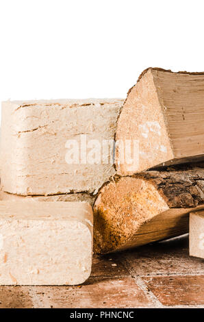 Bricchette di legno e legna da ardere, close-up Foto Stock