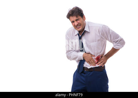 Ferito imprenditore con macchie di sangue isolato su bianco backgrou Foto Stock