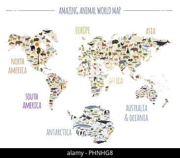 Mondo piatto flora e fauna mappa elementi costruttore. Animali, uccelli e Sea life isolato grande set. Costruire la propria geografia infographics collection. V Illustrazione Vettoriale