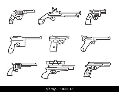 Set di arma da fuoco. Pistole, pistole, rivoltelle. Design piatto. Schema versione lineare. Illustrazione Vettoriale Illustrazione Vettoriale