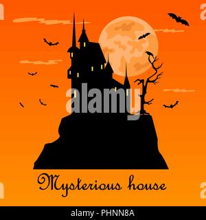 Misterious house nel buio della notte. Vacanze di Halloween. Icone di piatto. Illustrazione Vettoriale Illustrazione Vettoriale