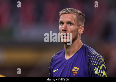 Milano, Italia. 31 Agosto, 2018. Patrick Robin Olsen (Roma) durante l'italiano 'Serie A' match tra Milano 2-1 Roma a Giuseppe Meazza su agosto 31, 2018 di Milano, Italia. (Foto di Maurizio Borsari/AFLO) Credito: Aflo Co. Ltd./Alamy Live News Foto Stock