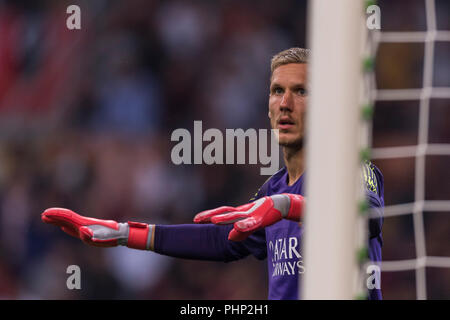 Milano, Italia. 31 Agosto, 2018. Patrick Robin Olsen (Roma) durante l'italiano 'Serie A' match tra Milano 2-1 Roma a Giuseppe Meazza su agosto 31, 2018 di Milano, Italia. (Foto di Maurizio Borsari/AFLO) Credito: Aflo Co. Ltd./Alamy Live News Foto Stock