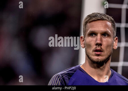 Milano, Italia. 31 Agosto, 2018. Patrick Robin Olsen (Roma) durante l'italiano 'Serie A' match tra Milano 2-1 Roma a Giuseppe Meazza su agosto 31, 2018 di Milano, Italia. (Foto di Maurizio Borsari/AFLO) Credito: Aflo Co. Ltd./Alamy Live News Foto Stock