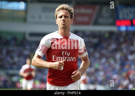 Cardiff, Regno Unito. 02Sep, 2018. Nacho Monreal dell'Arsenal in azione.match di Premier League, Cardiff City v Arsenal a Cardiff City Stadium di domenica 2 settembre 2018. Questa immagine può essere utilizzata solo per scopi editoriali. Solo uso editoriale, è richiesta una licenza per uso commerciale. Nessun uso in scommesse, giochi o un singolo giocatore/club/league pubblicazioni. pic da Andrew Orchard/Andrew Orchard fotografia sportiva/Alamy Live news Credito: Andrew Orchard fotografia sportiva/Alamy Live News Foto Stock