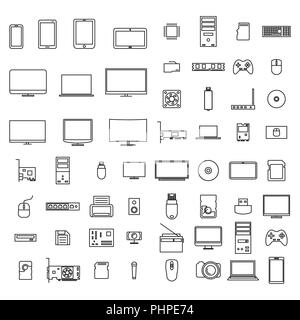 Set di icone dispositivi di computer e accessori di linee sottili, isolato su sfondo bianco, illustrazione vettoriale. Illustrazione Vettoriale
