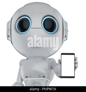 Il rendering 3d carino di intelligenza artificiale robot con schermo vuoto mobile Foto Stock