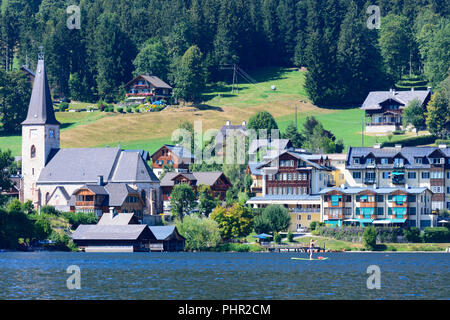 Altaussee: lago Altausseer vedere, chiesa Altaussee, Ausseerland-Salzkammergut, Steiermark, Stiria, Austria Foto Stock