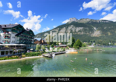 Altaussee: lago Altausseer vedere, hotel Seevilla, spiaggia, bagnante, mountain perdente, Ausseerland-Salzkammergut, Steiermark, Stiria, Austria Foto Stock