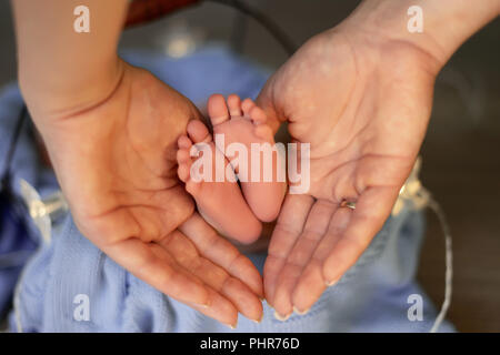 Piedi del bambino nelle mani di madre. Piccolo Neonato con i piedi sul sagomato femmina closeup mani. Foto Stock