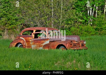 Foto HDR Rusty vecchia auto nel campo con sfondo sempreverdi. Immagine hdr. Immagine hdr. Ritratto di HDR. Bella scena con un vecchio classico auto. Foto Stock