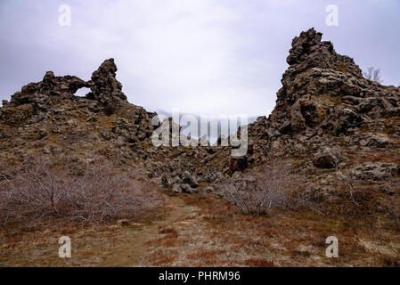 Il Dimmuborgir formazioni rocciose del nord Islanda Foto Stock