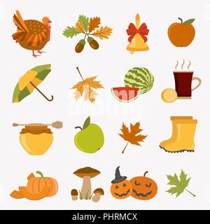 Autunno icon set. Halloween e il giorno del Ringraziamento. Design piatto. Illustrazione Vettoriale Illustrazione Vettoriale