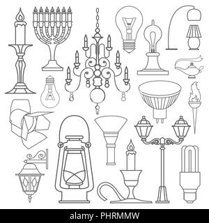 Gli elementi di illuminazione icon set. Linea sottile design. Illustrazione Vettoriale Illustrazione Vettoriale