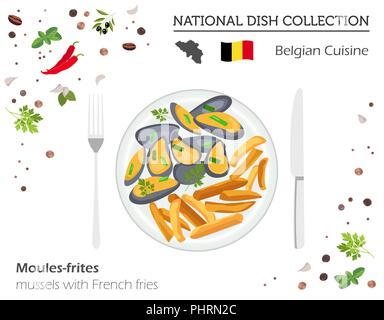 Cucina belga. Europeo piatto nazionale di raccolta. Cozze con patatine fritte isolato su bianco Una infografica. Illustrazione Vettoriale Illustrazione Vettoriale