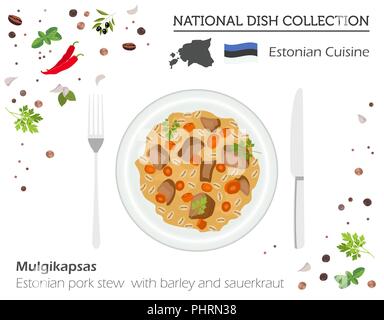 In Estonia la cucina. Europeo piatto nazionale di raccolta. Estone di spezzatino di maiale isolato su bianco, una infografica. Illustrazione Vettoriale Illustrazione Vettoriale