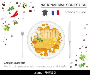 Cucina francese. Europeo piatto nazionale di raccolta. Francese frittelle sottili con arancia e salsa di liquer isolato su bianco, una infografica. Illustrati del vettore Illustrazione Vettoriale