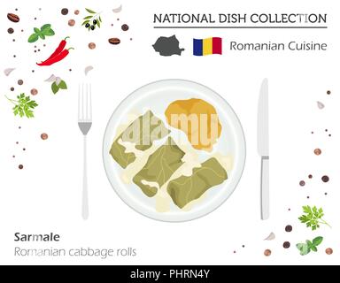 Cucina Rumena. Europeo piatto nazionale di raccolta. Involtini di cavolo isolato su bianco, una infografica. Illustrazione Vettoriale Illustrazione Vettoriale