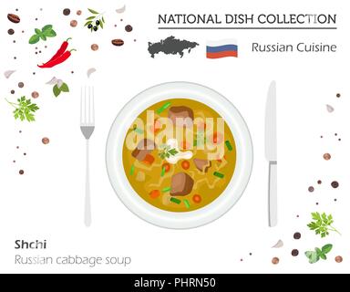 La Russia cucina. Europeo piatto nazionale di raccolta. Il russo la zuppa di cavolo shchi isolato su bianco, una infografica. Illustrazione Vettoriale Illustrazione Vettoriale