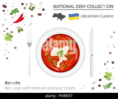 Cucina ucraino. Europeo piatto nazionale di raccolta. Borscht isolato su bianco, una infografica. Illustrazione Vettoriale Illustrazione Vettoriale