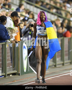 Shaunae Miller-Uibo celebra a AG Memorial Van Damme Diamond League 2018 at King Baudouin Stadium Bruxelles Belgio il 31 agosto 2018. GlennSports. Foto Stock