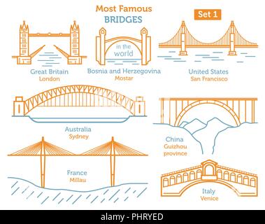 Ponti più famosi in tutto il mondo. I punti di riferimento di stile lineare icon set. Possibile utilizzare in una infografica design. Illustrazione Vettoriale Illustrazione Vettoriale