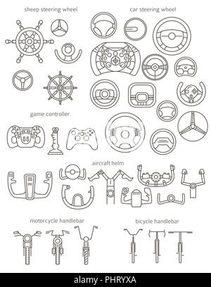 Attrezzature per il trasporto gruppo di trascinamento. Casco, timone, ruote sterzanti linea sottile icone. Illustrazione Vettoriale Illustrazione Vettoriale