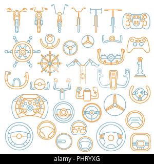 Attrezzature per il trasporto gruppo di trascinamento. Casco, timone, ruote sterzanti linea sottile icone. Illustrazione Vettoriale Illustrazione Vettoriale